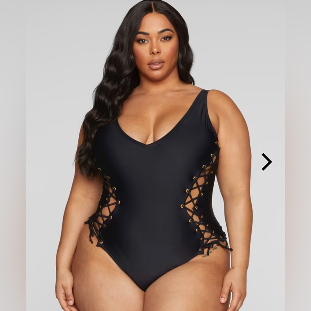 NWT Fashion to Figure black lace-up tank swimsuit. Sold out online.